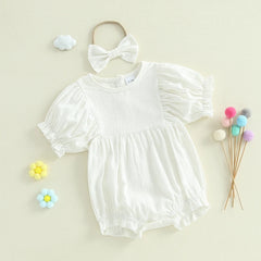 Baby Girl Solid Color Short Sleeve Onesie with Headband