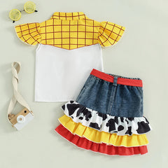 Baby Girls Plaid Print Cow Pattern Ruffles Patchwork Denim Skirt Outfit