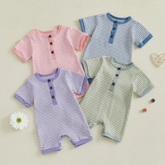Unisex Newborn Short Sleeve Crewneck Button Front Stripes Print Romper Playsuit