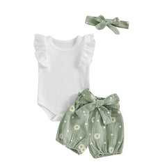 Baby Girl Ruffled Sleeve Romper, Daisy Shorts, Bow Headband & Belt Summer Set
