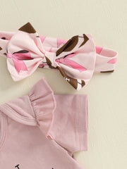 Baby Girl Letter Print Romper, Bow Shorts & Headband Summer Outfit
