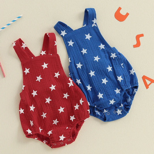 Baby Girls Boys Romper Sleeveless Stars Print Summer Bodysuit Overalls 4th of July Clothing