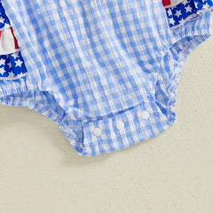 Baby Girls Patriotic Casual Cherry Embroidery Plaid Fly Sleeves Jumpsuit and Headband Set