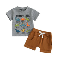 Toddler Boy Dinosaur Print Short Sleeve Tee & Solid Shorts Summer Set