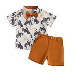 Toddler Baby Boy Western Print Shirt, Bow Tie & Shorts Gentleman Outfit