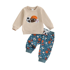 Baby Boy Football Embroidered Top & Drawstring Pants Fall Set