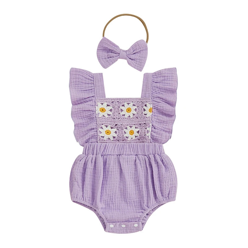 Summer Baby Girl Crochet Romper | Bow Headband