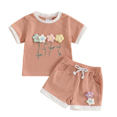 Toddler Girl Waffle Set with 3D Flower Top & Stretchy Shorts