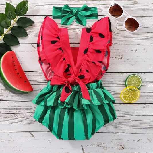 Newborn Baby Girl Watermelon Print Onesie With Headband