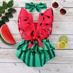 Newborn Baby Girl Watermelon Print Onesie With Headband