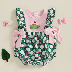 Baby Girl Ruffle Sleeveless Golf Ball Print Bow Romper