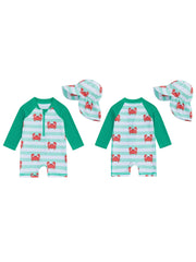 Boys’ Long Sleeve Crab & Stripe Swim Set + Matching Hat