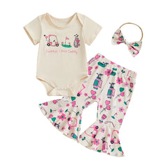 Baby Girls Golf Print Onesie Flare Pants & Headband Outfit Set