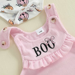 Baby Girl Pumpkin Print Halloween Romper & Dress Set with Bow Headband