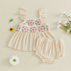 Baby Girl Summer Crochet Flower Tops + Shorts Set