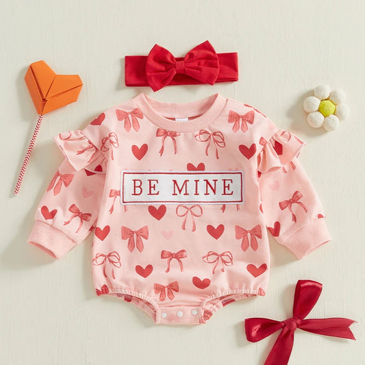 Infant Baby Girl Spring Heart Bow Romper & Headband Set