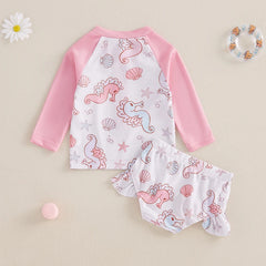 Baby Girl Seashell & Seahorse Print Rash Guard Swimsuit
