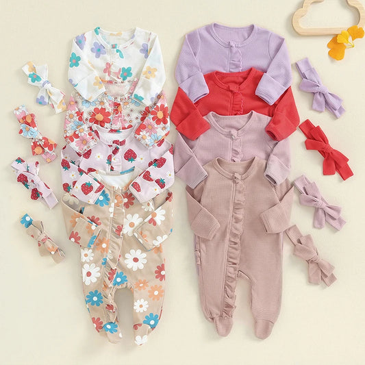 Baby Girl Long-Sleeve Frilled Footie Romper with Headband