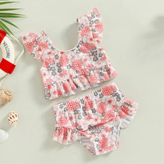 0-3Years Baby Girl Swim Set Flower/Bull Head Print