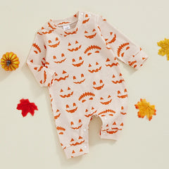 Baby Boy All-over Pumpkin Print Long Sleeve Round Neck Halloween Romper