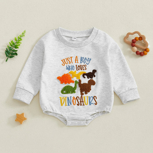 Baby Boy Long Sleeve Dinosaur Embroidered Romper