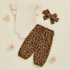 Baby Girl Leopard Romper, Pants & Headband Outfit