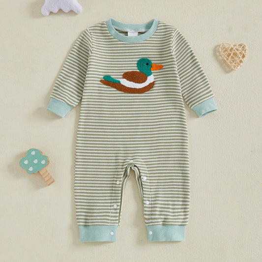 Newborn Baby Boys Long Sleeve Stripes Duck Embroidery Casual Autumn Romper