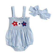 Baby Girl July 4th Outfit Plaid Letter Embroidery Romper Headband Summer Set