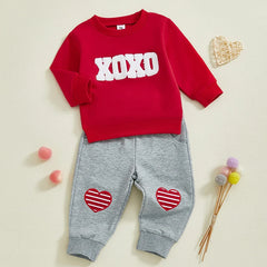 Toddler Boy Valentine’s Set Embroidered Sweatshirt with Heart-Print Pants