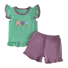Baby Girl Fly Sleeve Ice Cream Embroidery Top & Shorts Set