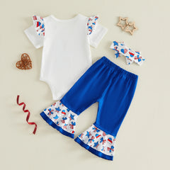 Baby Girl Fourth of July Short Sleeve Romper + Flare Pants + Headband Outfit