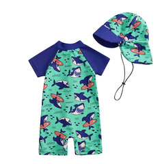 Baby Boy Rash Guard Zip-Up Swimsuit with Sun Hat