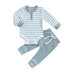 Autumn Baby Boy Long Sleeve Striped Print Romper + Pants Set