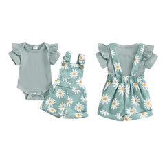 Baby Girl Flower Print Onesie & Suspender Shorts Set