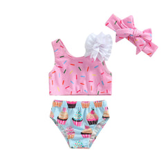 0-3Years Kid Girls 2pcs Swimsuit Sleeveless Dot / Cup Cake Print Tops Summer Beach Shorts