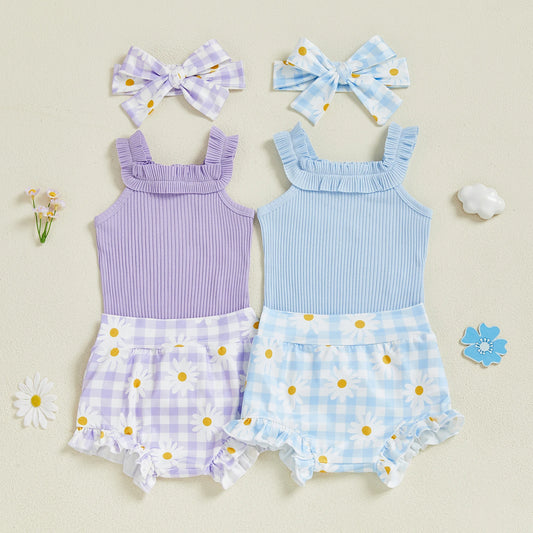 Baby Girl Ribbed Bodysuit, Plaid Ruffle Shorts & Headband Outfit Set