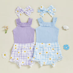 Baby Girl Ribbed Bodysuit, Plaid Ruffle Shorts & Headband Outfit Set