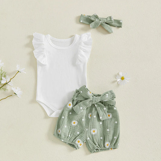 Baby Girl Ruffled Sleeve Romper, Daisy Shorts, Bow Headband & Belt Summer Set
