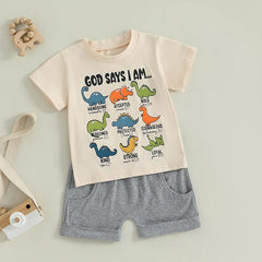 Toddler Boy Dinosaur Print Short Sleeve Tee & Solid Shorts Summer Set