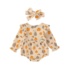 Baby Girl Pumpkin Print Halloween Onesie with Ruffles & Headband