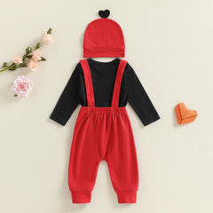 Baby Boy Valentine’s Embroidered Romper, Suspender Pants, and Hat