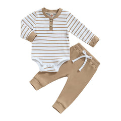 Autumn Baby Boy Long Sleeve Striped Print Romper + Pants Set