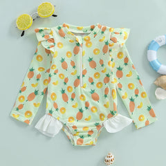 Baby Girl Long Sleeve Rash Guard Swimsuit – UV Protection with Ruffle Detail & Animal Print
