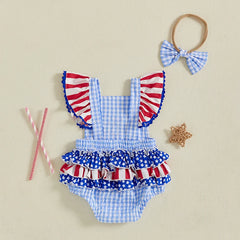 Baby Girls Patriotic Casual Cherry Embroidery Plaid Fly Sleeves Jumpsuit and Headband Set