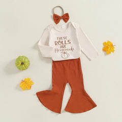 0–18M Baby Girl Pumpkin Print Romper, Flare Pants & Hairband Halloween Outfit Set