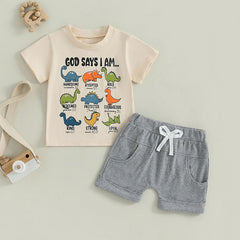 Toddler Boy Dinosaur Print Short Sleeve Tee & Solid Shorts Summer Set