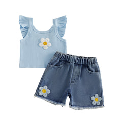 Baby Girls Flower Camisole with Denim Shorts Outfit