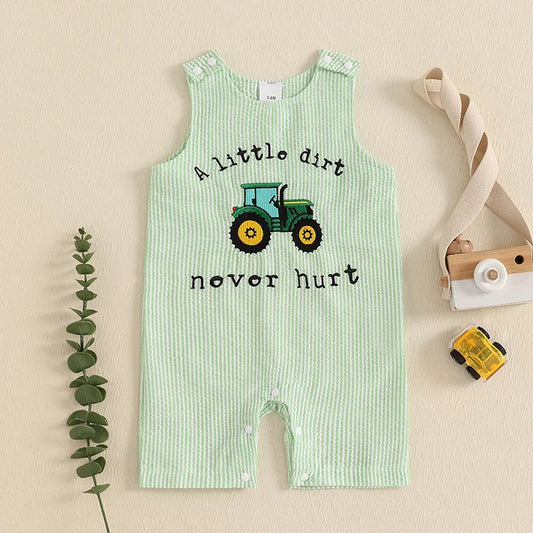 Newborn Baby Boys Trucker Embroidery Striped Sleeveless Romper