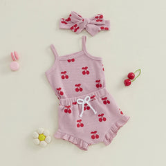 Baby Girl Cherry Print Romper & Shorts Set with Headband