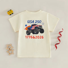 Baby Boys Round Neck Truck Flag Fourth of July T-Shirts